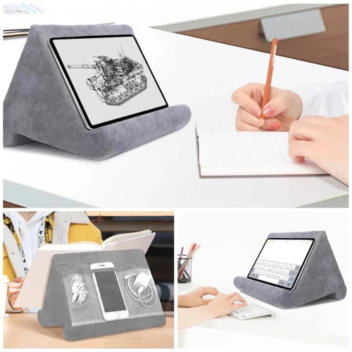 Collage of a gray triangular tablet stand with various uses on a desk.