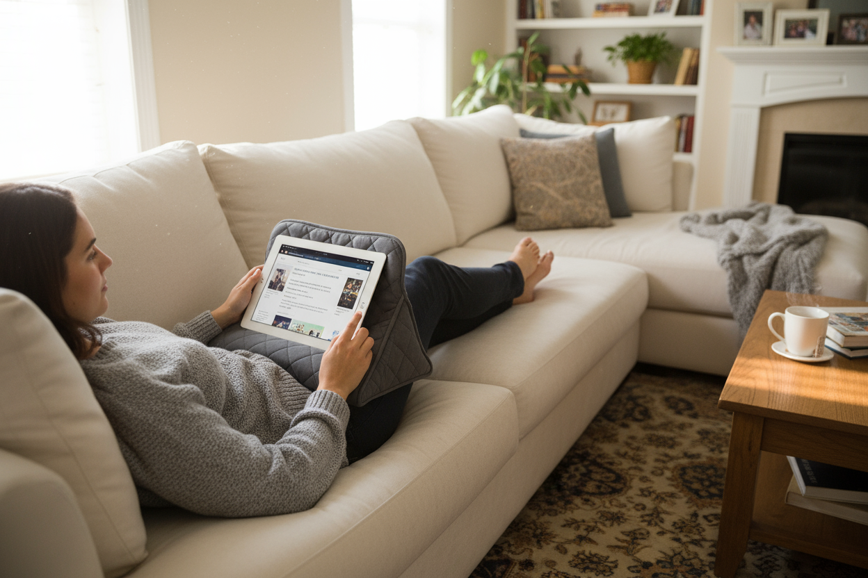 Person using a tablet cushion whilst on the couch
