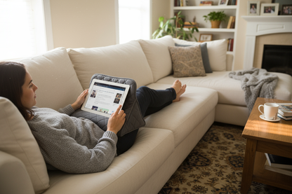 Person using a tablet cushion whilst on the couch
